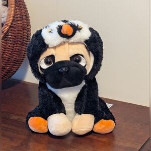 Mastermind Toys. Plush Pug Dog With Penguin Costume Hoodie . EUC. 8 Inches.